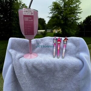 BKLYN Steel Co Pink Stainless Steel Wine Glass-Beaded Pen Gift Set Bundle